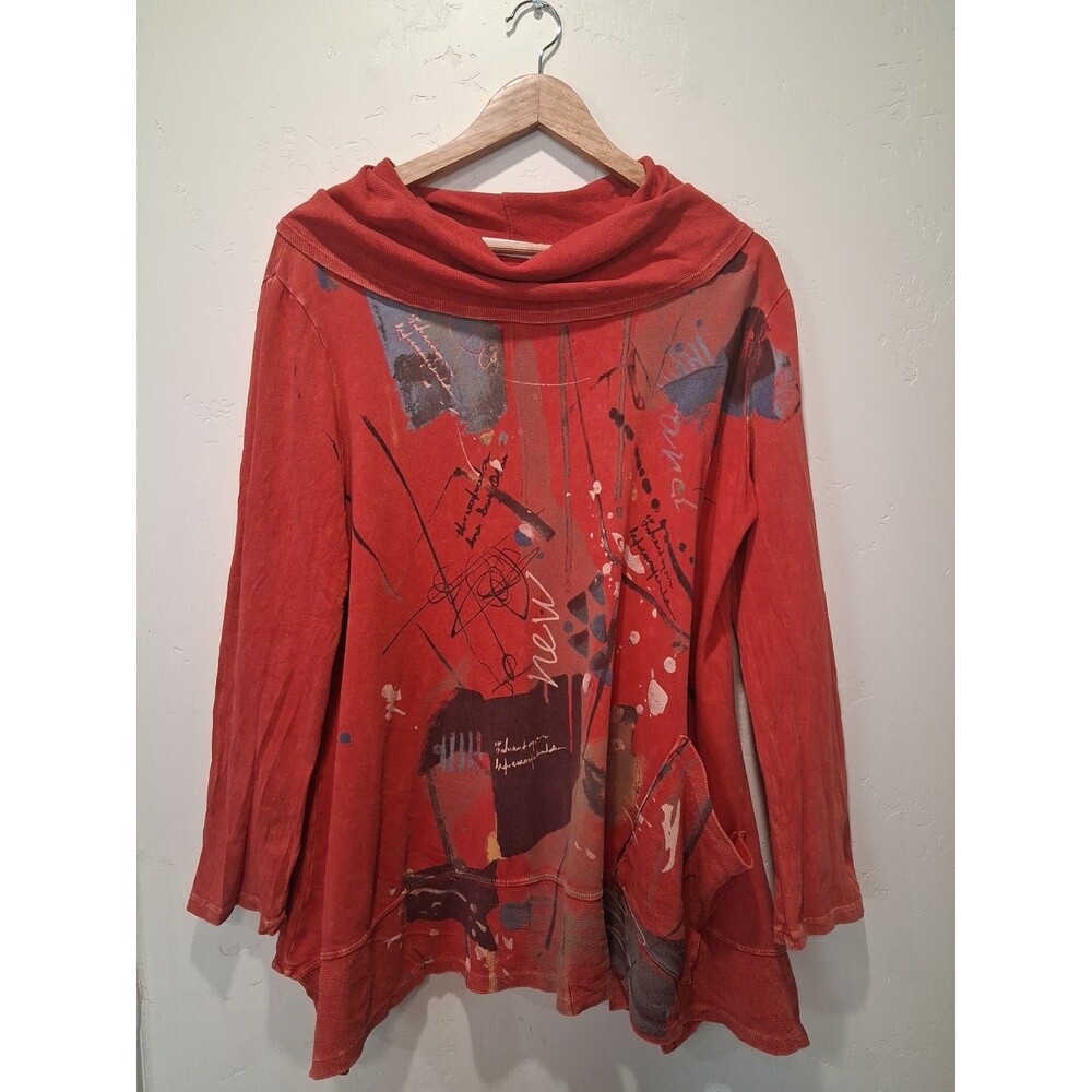Jess&Jane L Red Mineral Wash Abstract Cowl Neck Artsy Lagenlook Waffle Knit Top